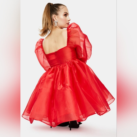 SELKIE Winter Red Puff Dress, Cute Viral Ruby Organza Princess Dress - Picture 4 of 12